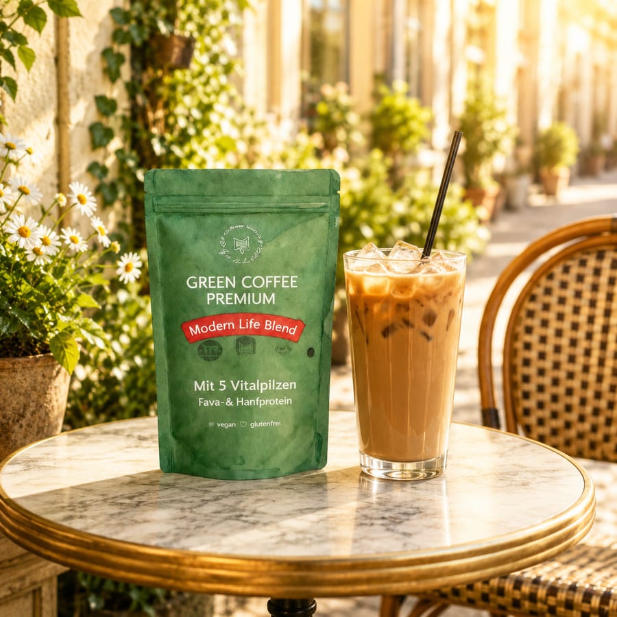 Green Coffee Premium Beutel neben einem hohen Glas Eiskaffee mit Eiswürfeln auf einem Marmortisch in der Sonne