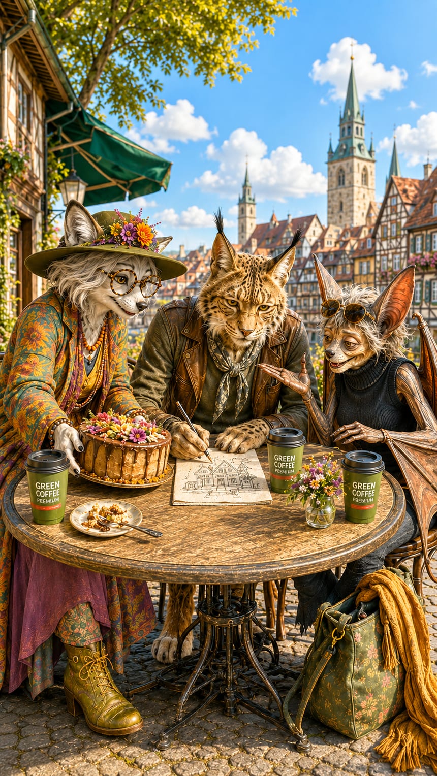 Drei Green-Coffee-Figuren – Hedi, Robert und Iris – bei Kaffee und Kuchen an einem Café-Tisch in der Altstadt