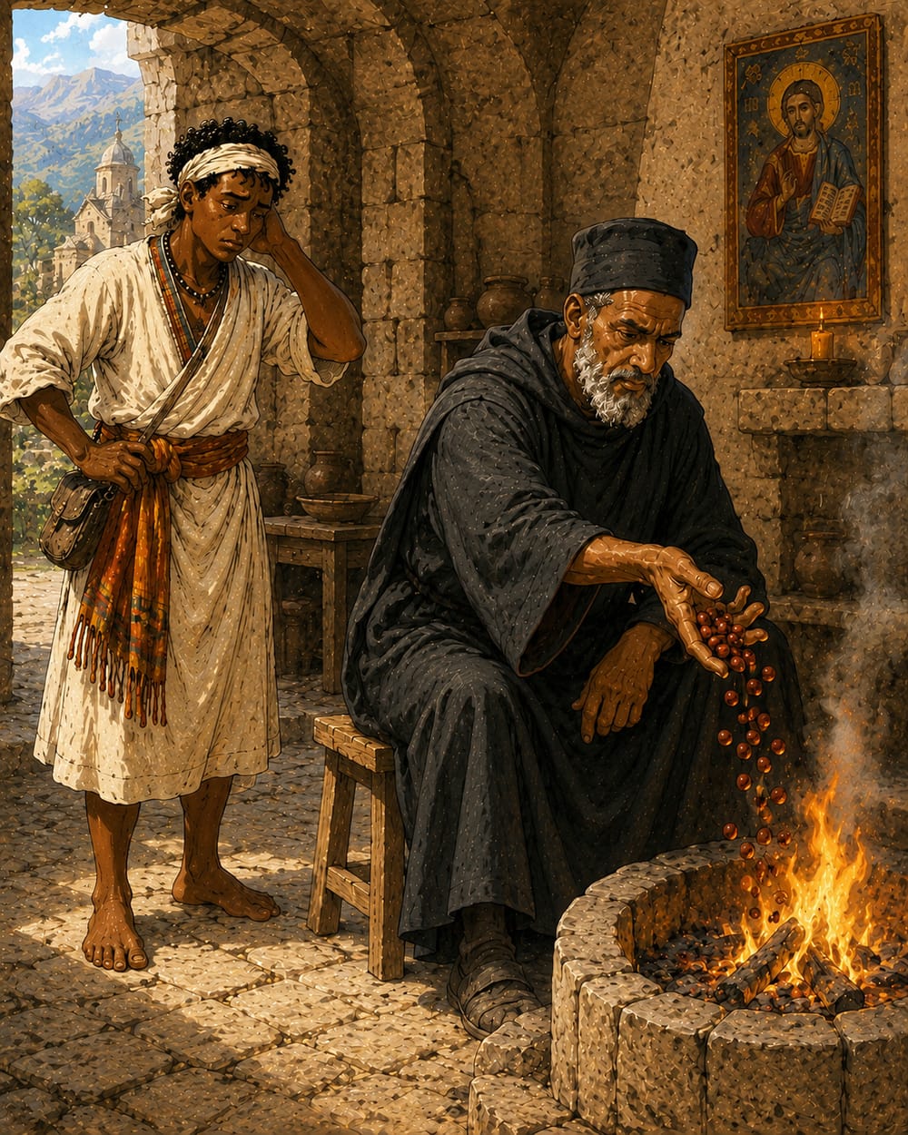 Der Mönch wirft die Kaffeebohnen ins Feuer