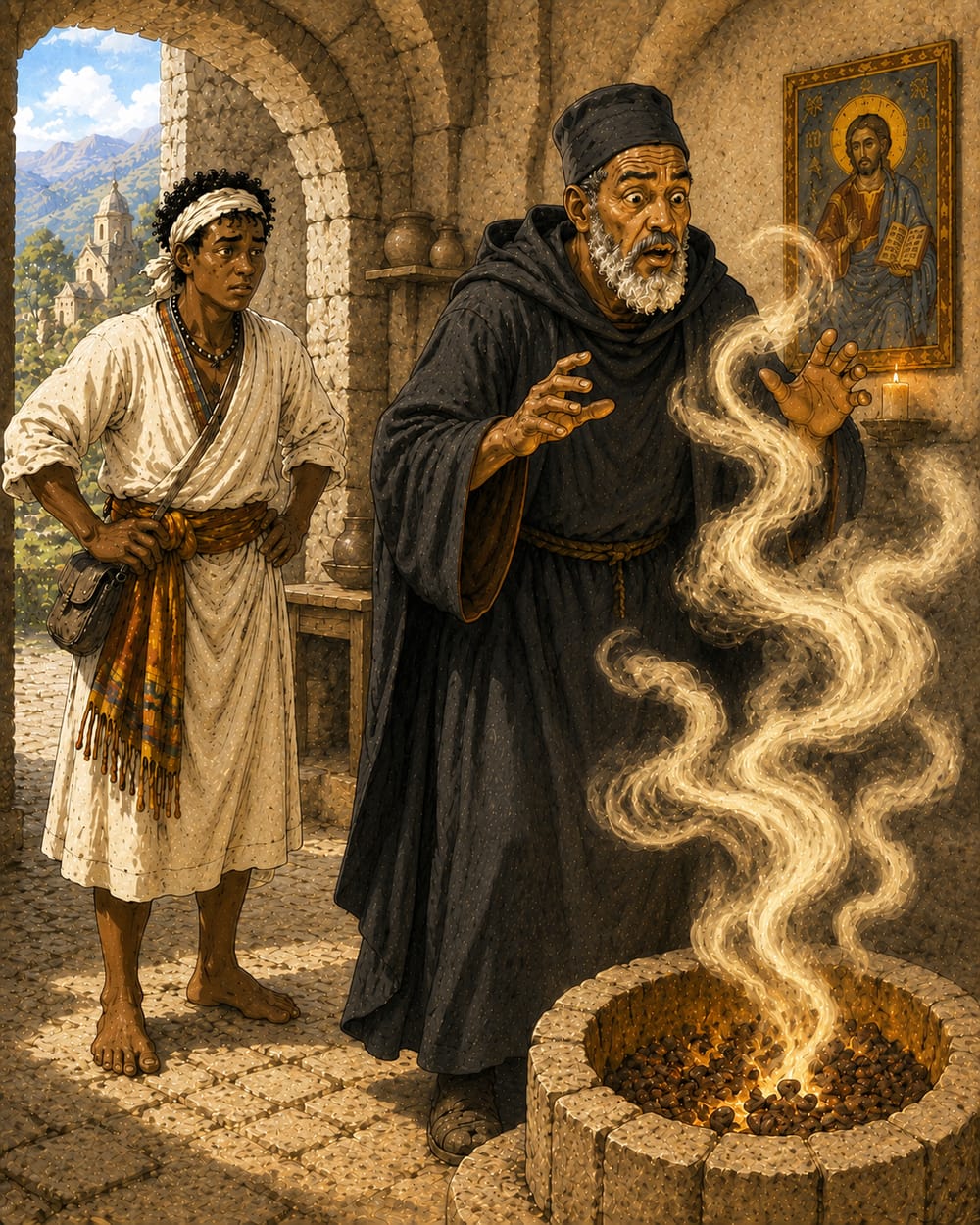 Der Mönch riecht den betörenden Duft der gerösteten Kaffeebohnen