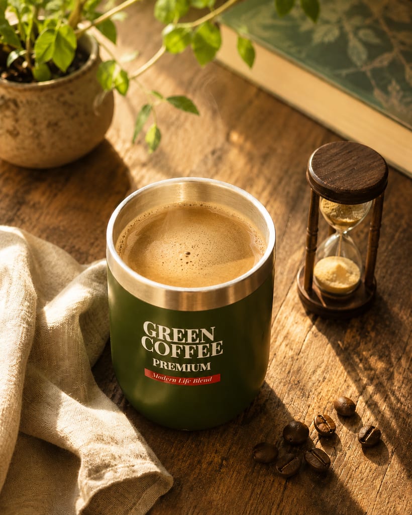 Olivgrüner Green-Coffee-Premium-Becher mit dampfendem Kaffee neben einer Sanduhr und Kaffeebohnen im warmen Morgenlicht