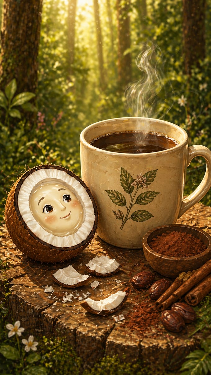 Die Kokosnuss als Comic-Figur neben einer dampfenden Tasse Kaffee, Kakao und Zimtstangen im Wald