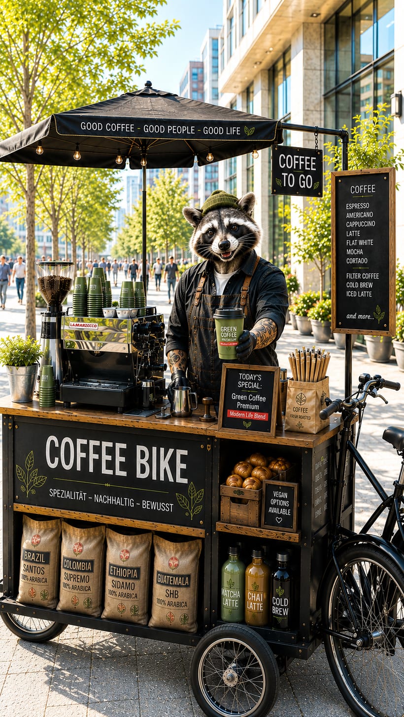 Milo, ein Waschbär mit Schürze, steht an seinem mobilen Coffee Bike mit Espressomaschine und grünen Green-Coffee-Premium-Bechern