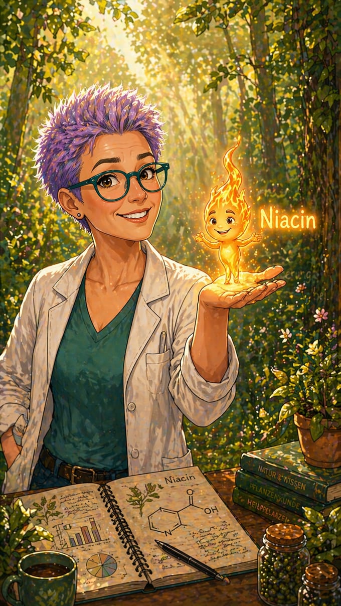 Eine Wissenschaftlerin hält die leuchtende Niacin-Flamme auf der Hand, daneben ein Notizbuch mit der chemischen Formel