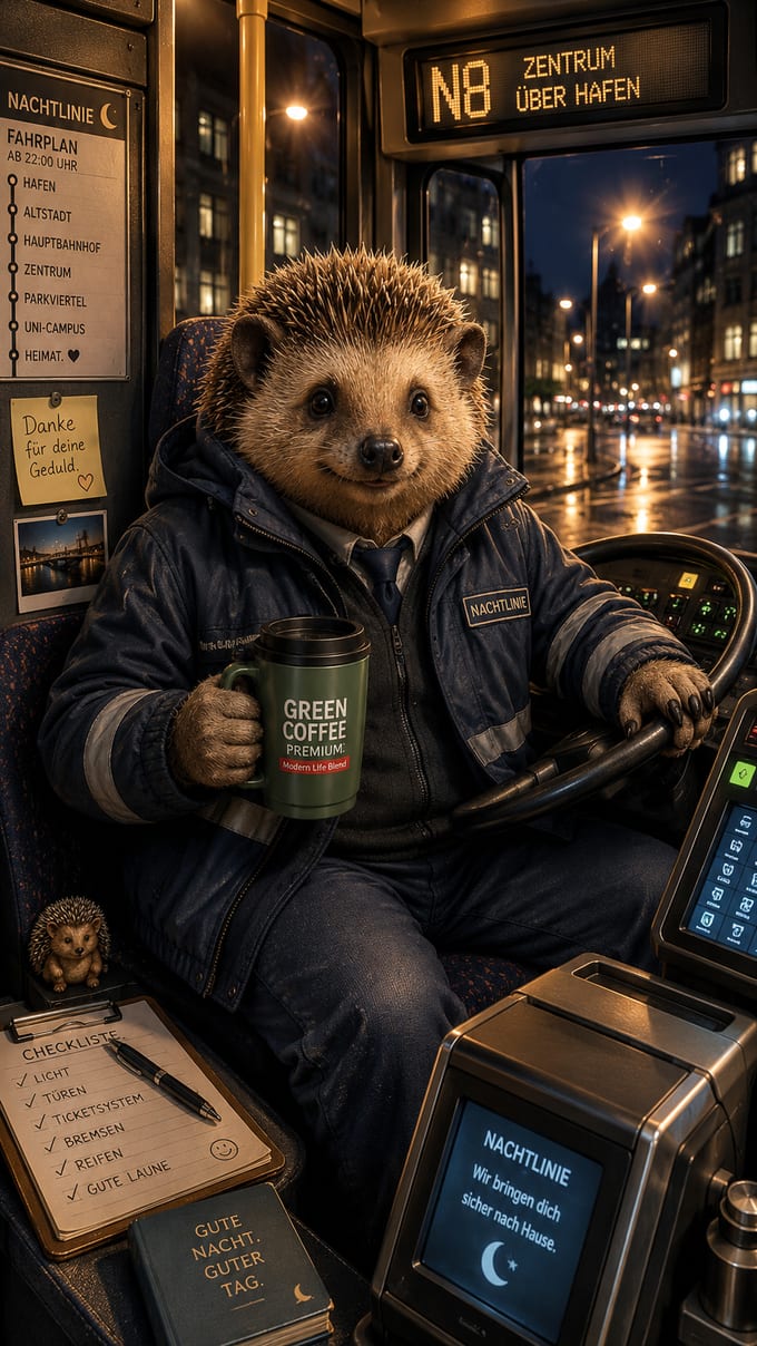 Tommy Igel als Nachtbusfahrer im Bus der Linie N8, mit Green-Coffee-Thermobecher in der Hand